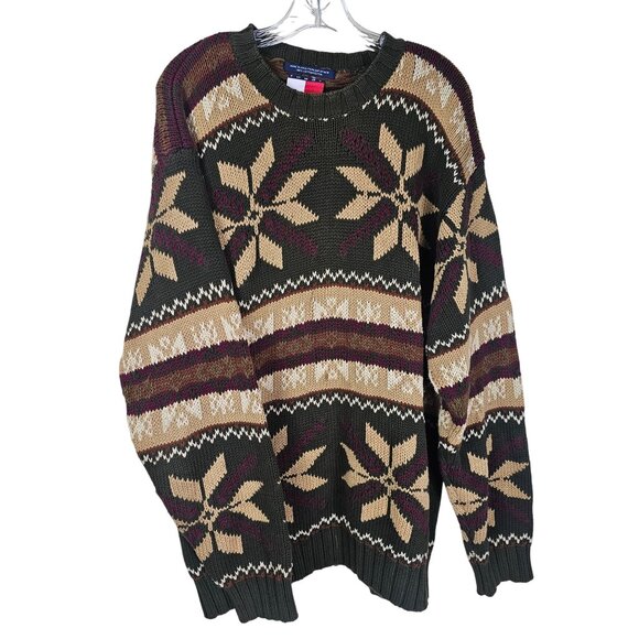 VTG 90s Tommy Hilfiger Fair Isle Knit Sweater L Heavy Chunky Snowflake Apres Ski - Picture 1 of 6